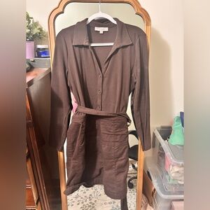 LOFT Chocolate Long Sleeve Belted Dress